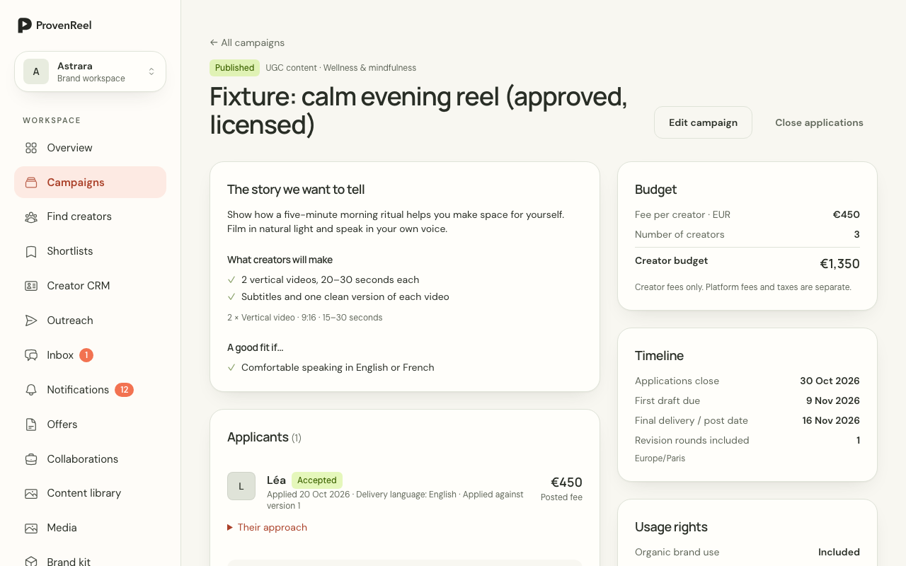 Campaign builder step showing deliverables, compensation lines and usage rights fields