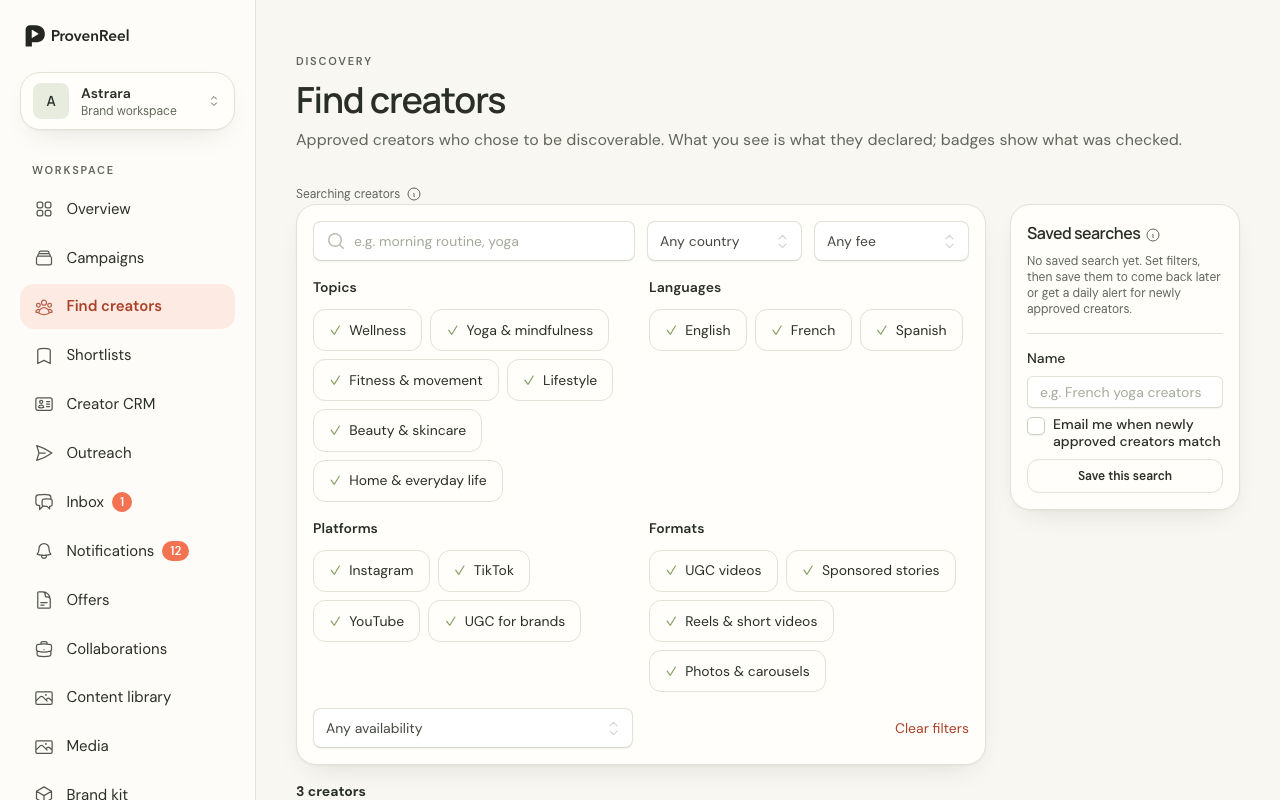 Creator discovery screen with filters by language, topic and format, and profile cards showing which checks were completed