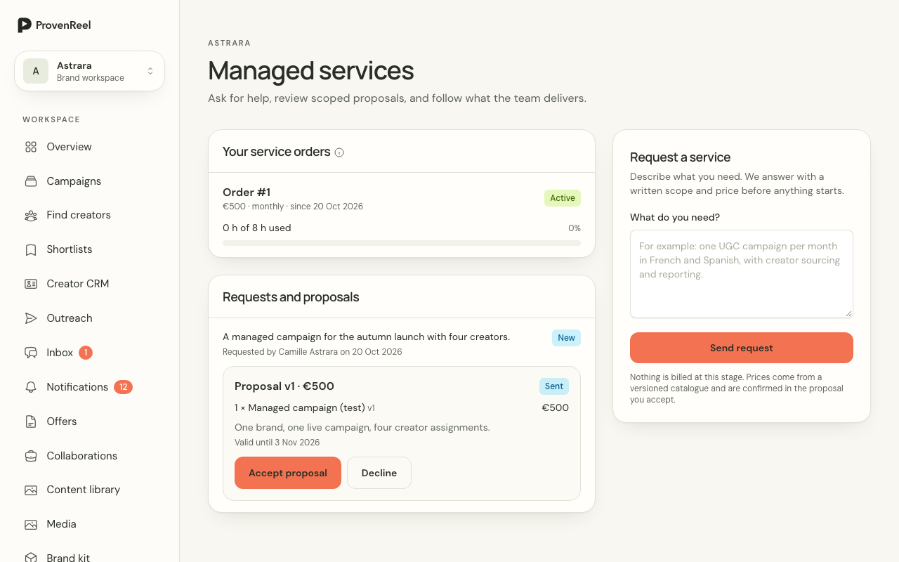 Managed service engagement page with scope, tasks and approvals