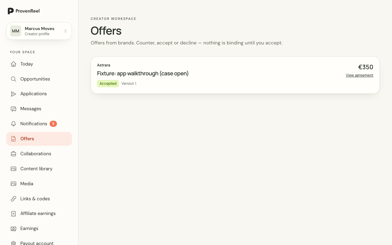 Offer page with line items, counter-offer history and funding status