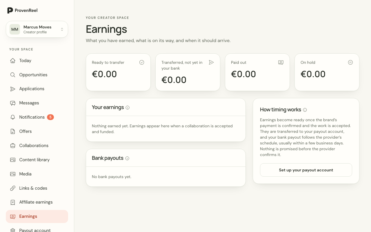 Earnings page with amounts split into earned, held and paid, each with an explanation