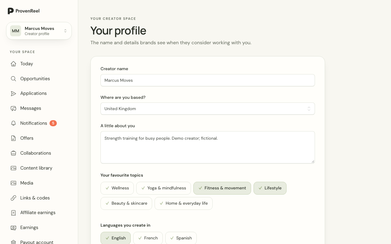 Creator profile editor with discoverability switch, languages, formats and completed checks